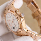 Vacheron Constantin watch with rose gold case, white dial, crown and strap close-up