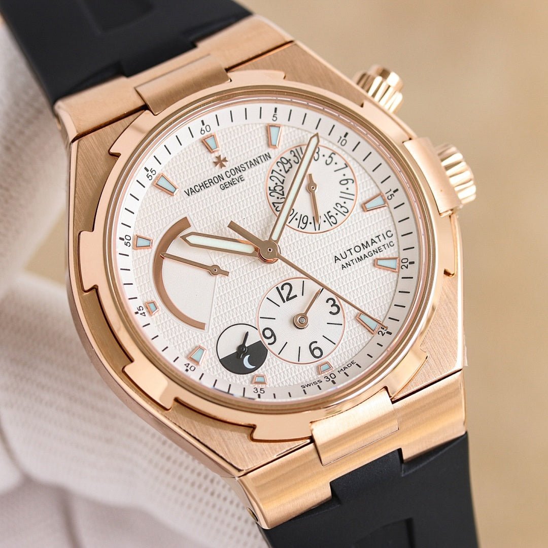 Vacheron Constantin automatic watch with rose gold case, white dial, black rubber strap