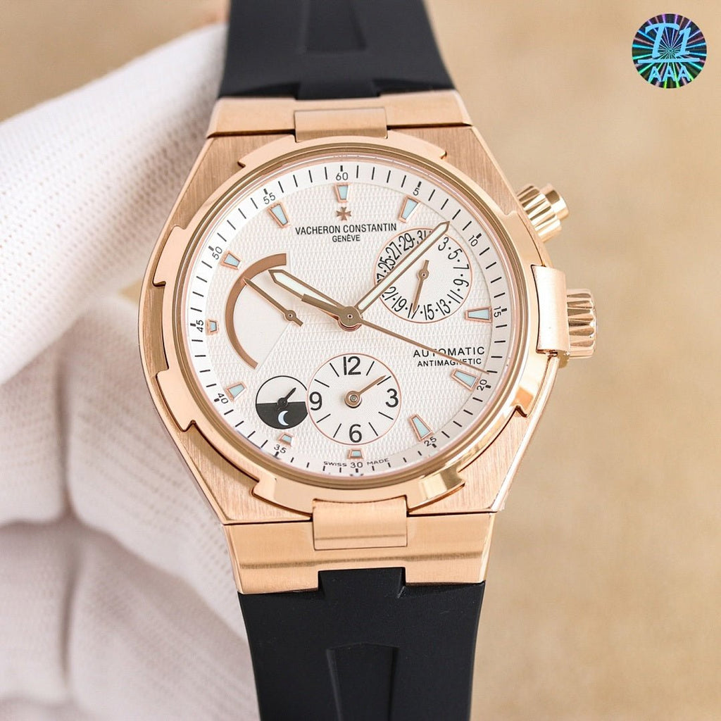 Vacheron Constantin automatic watch with rose gold case, white dial, black rubber strap