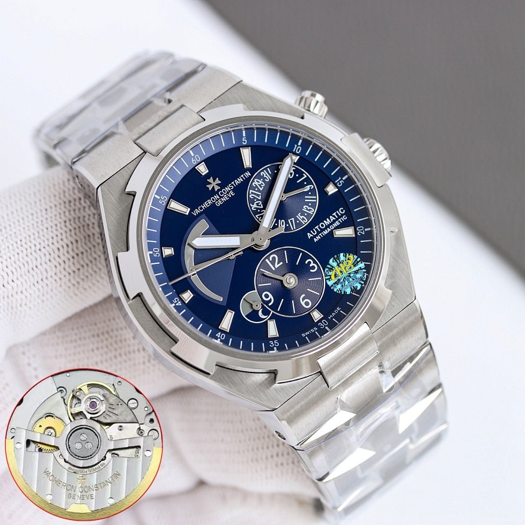 Vacheron Constantin automatic wristwatch with blue dial, steel bracelet, side buttons