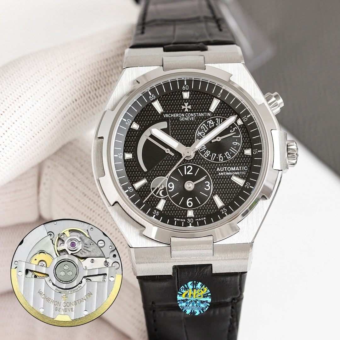 Vacheron Constantin automatic wristwatch with black dial and black leather strap