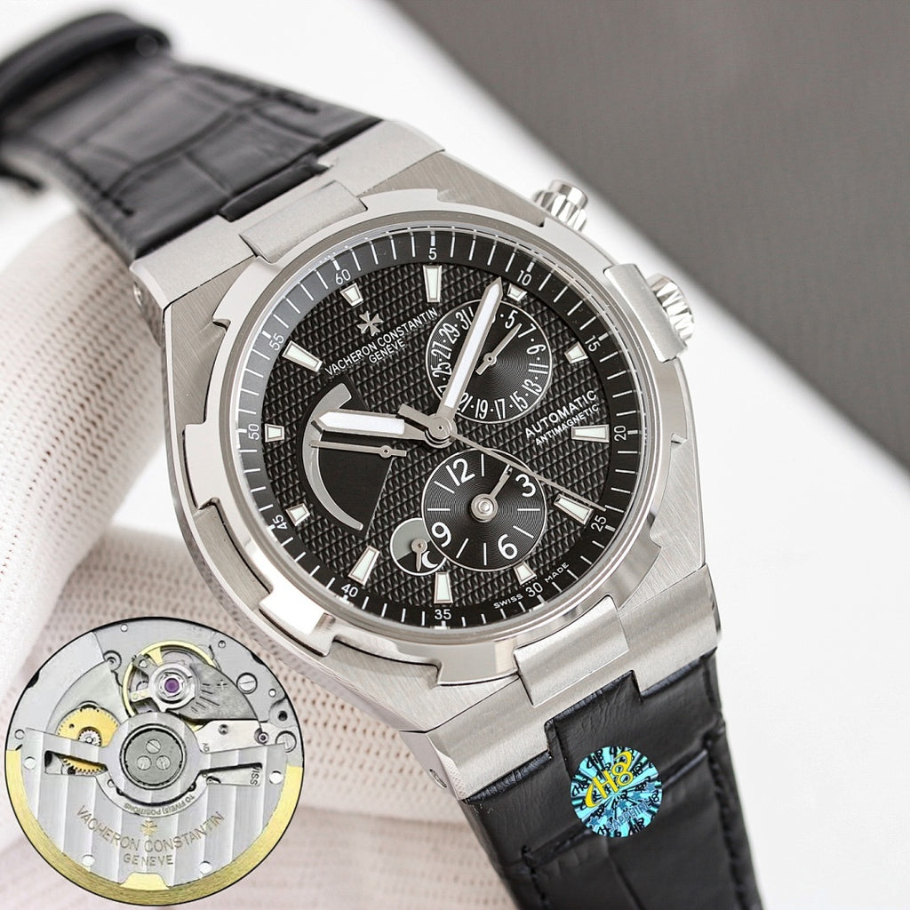 Vacheron Constantin automatic wristwatch angled view, black dial and leather strap