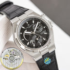 Vacheron Constantin automatic wristwatch angled view, black dial and leather strap