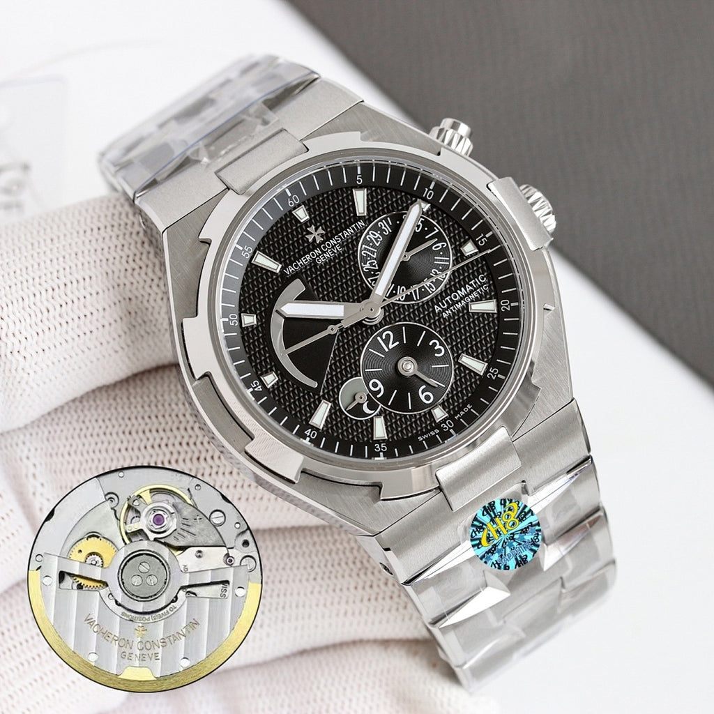Vacheron Constantin automatic wristwatch with black dial and steel bracelet, side angle