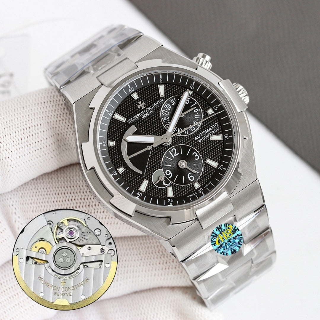 Vacheron Constantin automatic wristwatch with black dial and steel bracelet, side angle