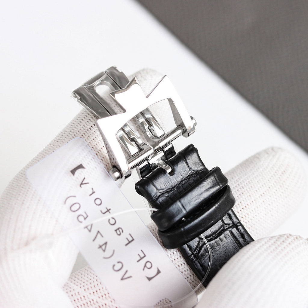 Vacheron Constantin watch with black leather strap and folding clasp