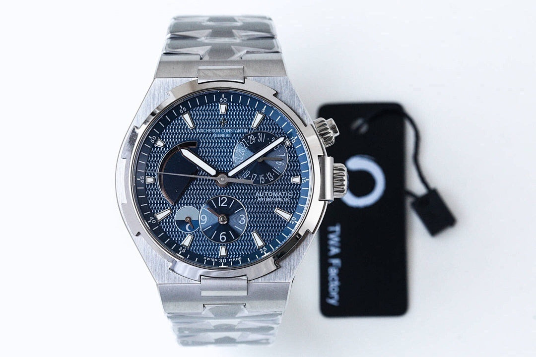 Stainless steel wristwatch with blue textured dial and three subdials on steel bracelet