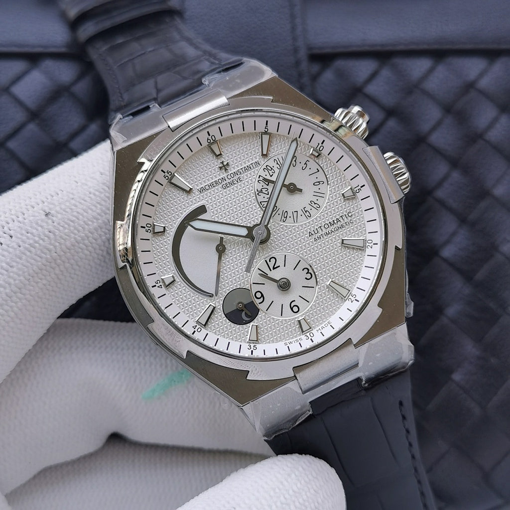 Wristwatch with silver dial, moonphase, dual subdials, navy leather strap