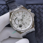Wristwatch with silver dial, moonphase, dual subdials, navy leather strap