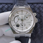 Vacheron Constantin wristwatch with silver dial, chronograph subdials, dark blue strap