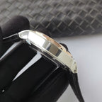 Vacheron Constantin watch side profile with metallic case and black leather strap