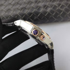 Vacheron Constantin watch crown side with rose-gold accents and black leather strap