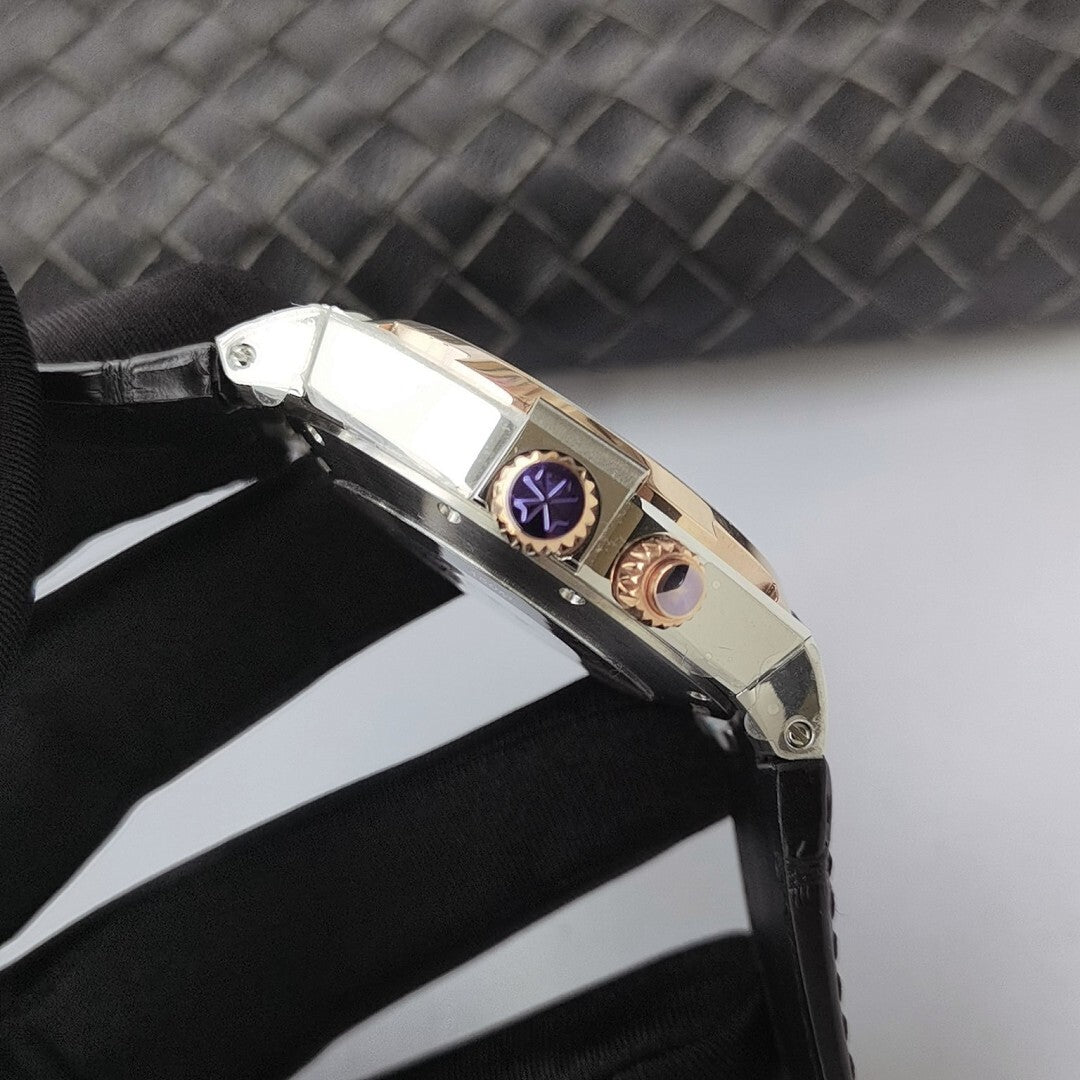 Vacheron Constantin watch crown side with rose-gold accents and black leather strap