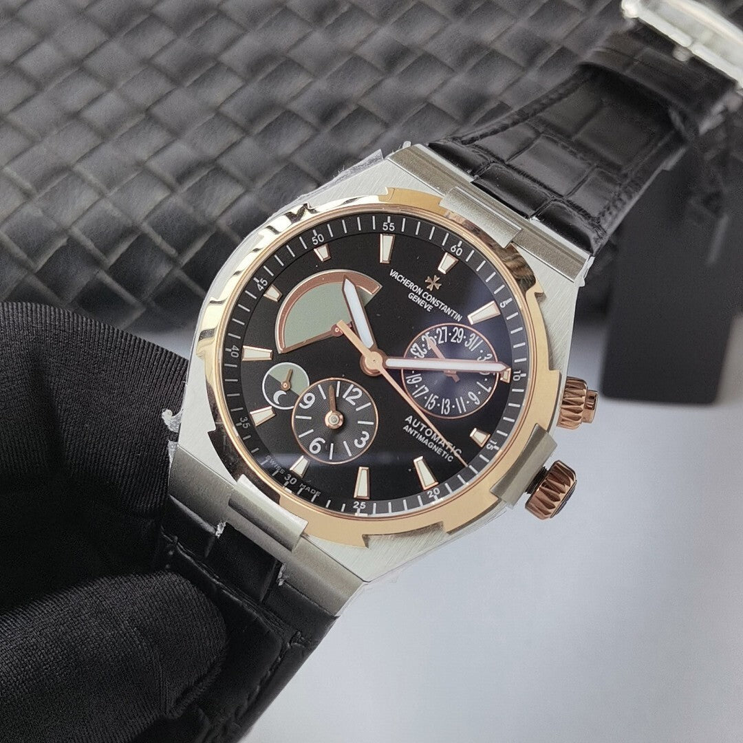 Vacheron Constantin watch with black dial and black leather strap, three-quarter view