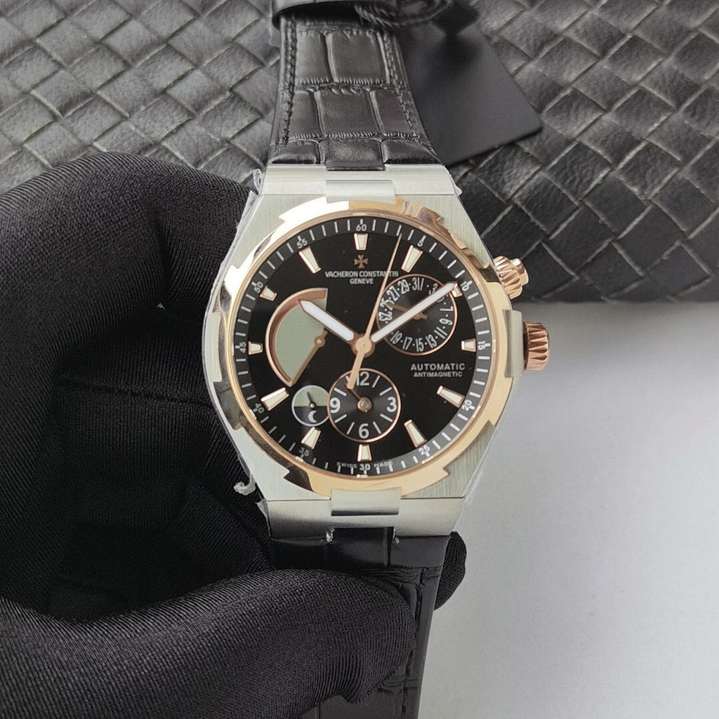 Vacheron Constantin watch front view with black dial and black leather strap
