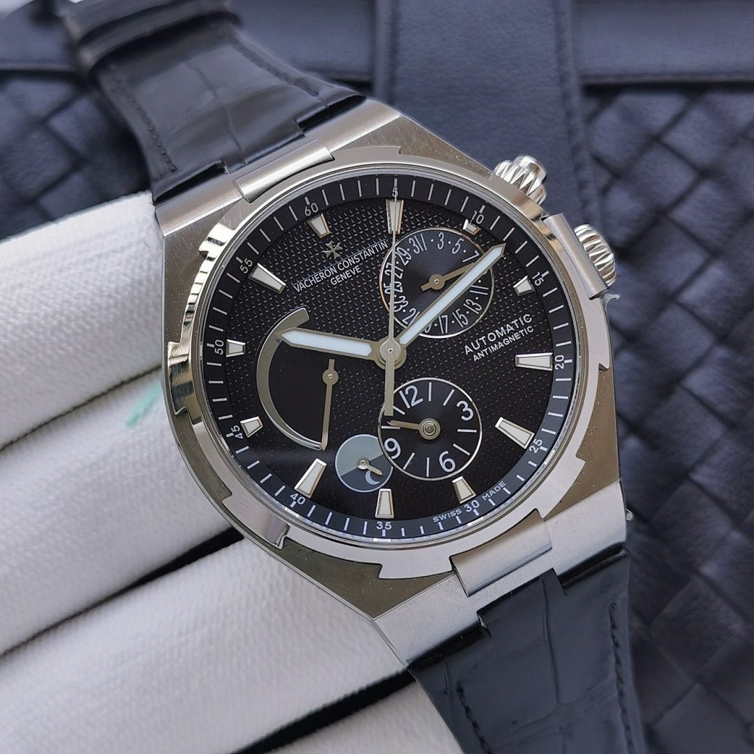 Vacheron Constantin automatic wristwatch with black dial on dark leather strap
