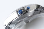 Vacheron Constantin watch with blue-capped crown detail, polished steel case