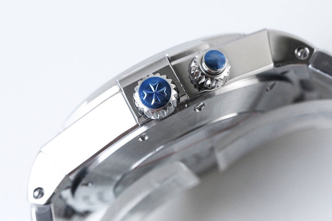 Vacheron Constantin watch with blue-capped crown detail, polished steel case
