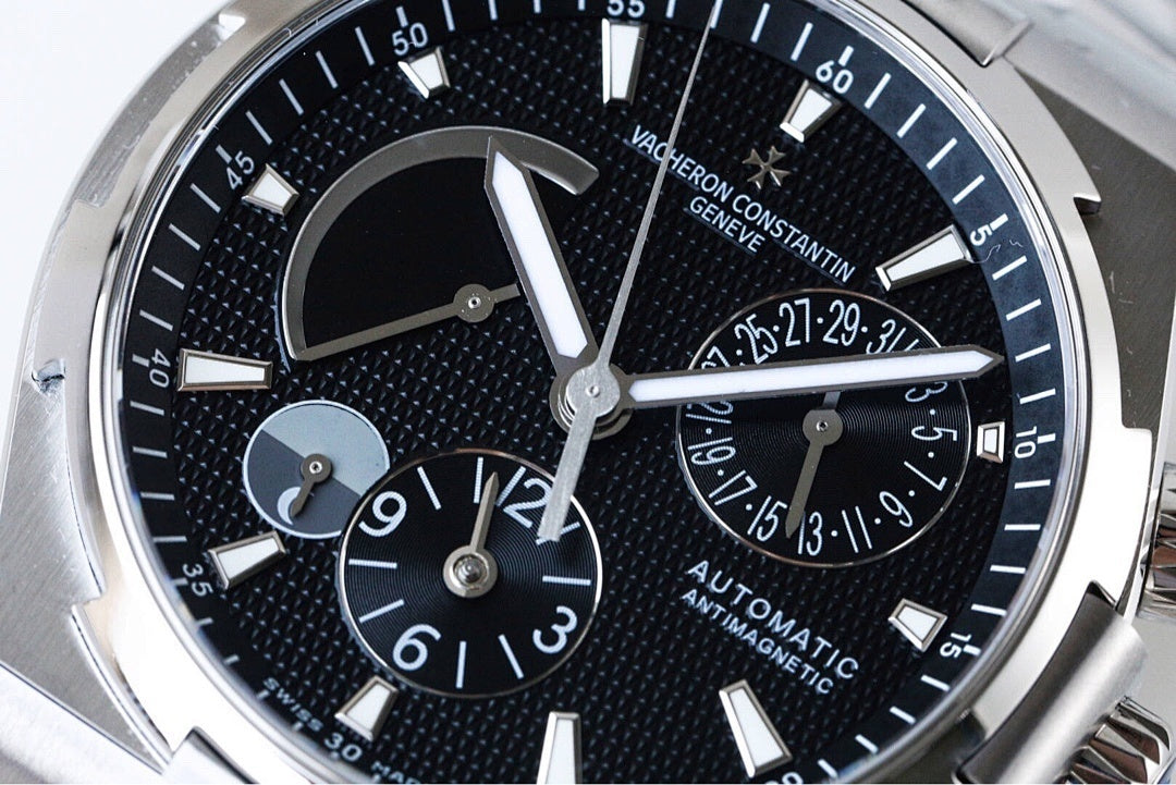 Vacheron Constantin watch dial close-up with black subdials and baton markers