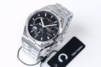 Vacheron Constantin watch with black hang tag and silver steel case, angled view