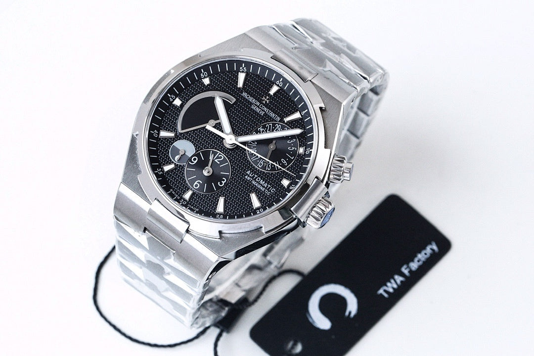 Vacheron Constantin watch with black hang tag and silver steel case, angled view