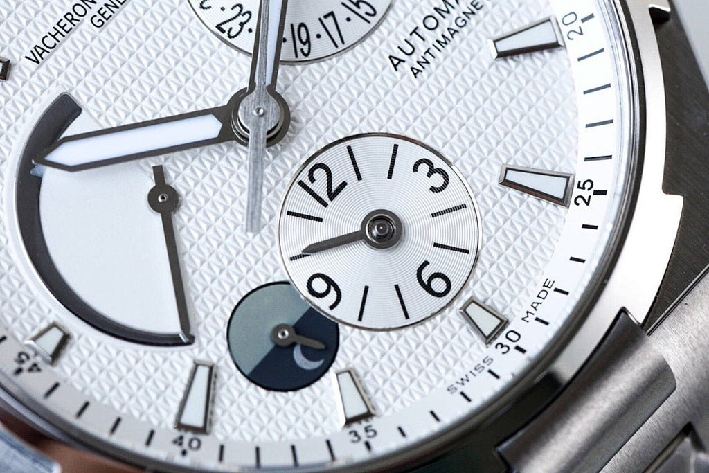 Vacheron Constantin watch close-up of white dial with blue sub-dial and markers