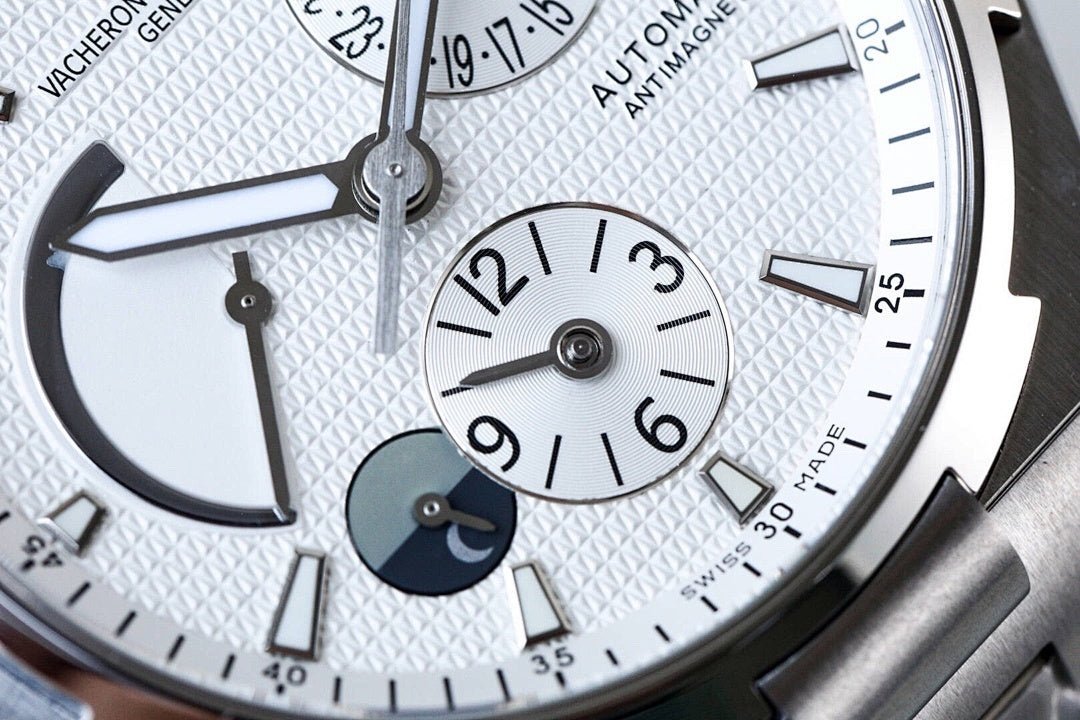 Vacheron Constantin watch close-up of white dial with blue sub-dial and markers