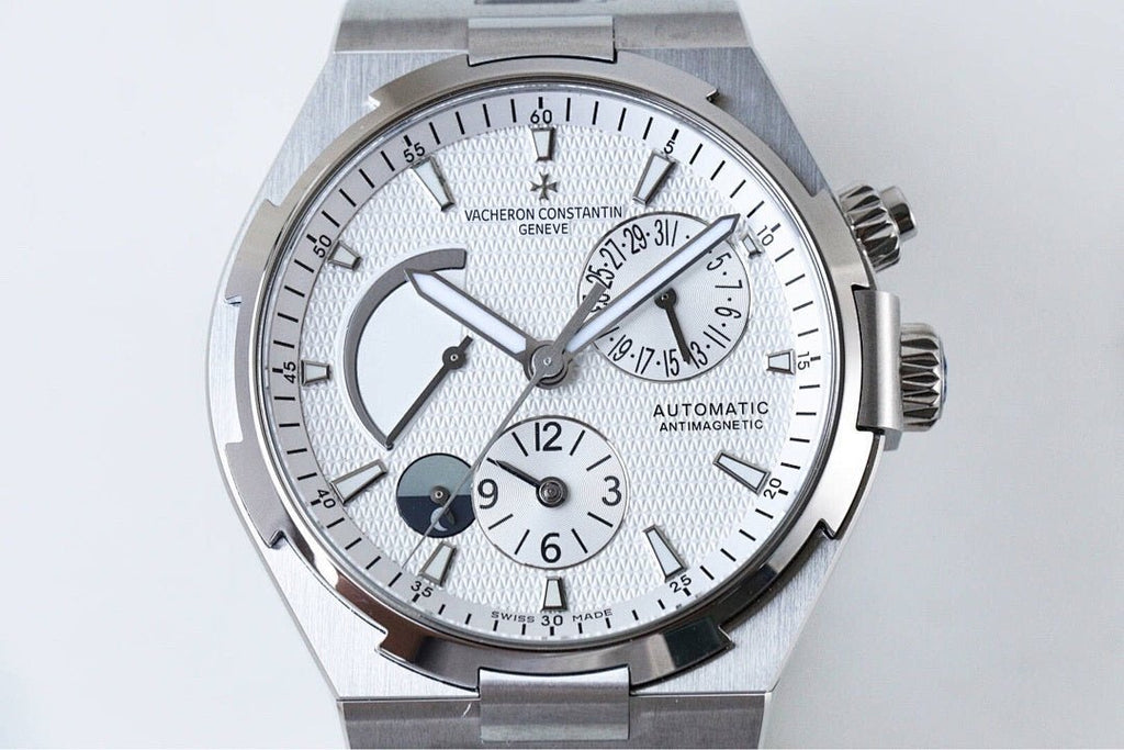 Vacheron Constantin watch front view with silver-tone metal bracelet and white dial
