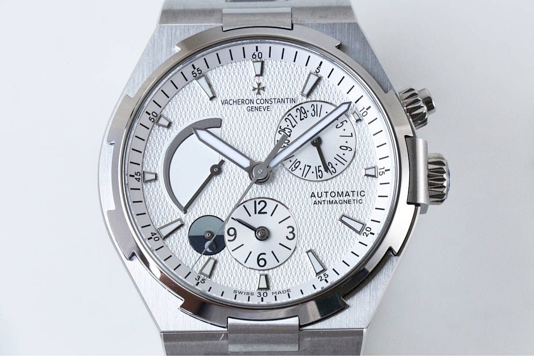Vacheron Constantin watch front view with silver-tone metal bracelet and white dial