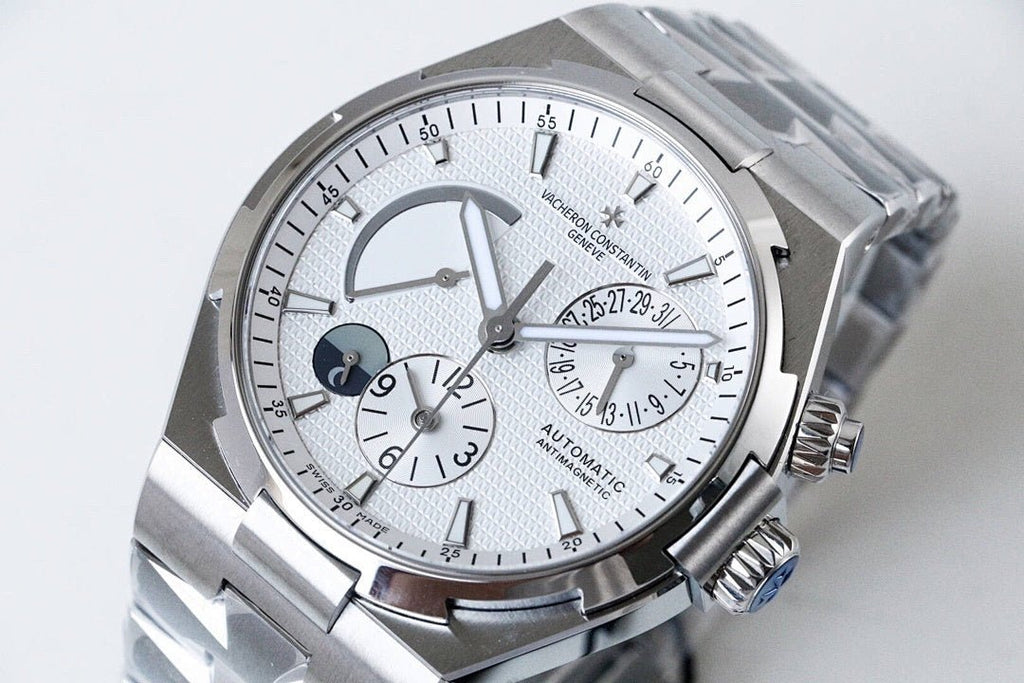 Vacheron Constantin watch angled front view with white dial and sub-dials