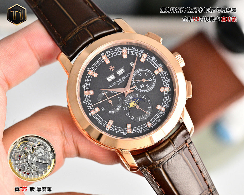Rose gold wristwatch with dark dial, brown leather strap, and three subdials