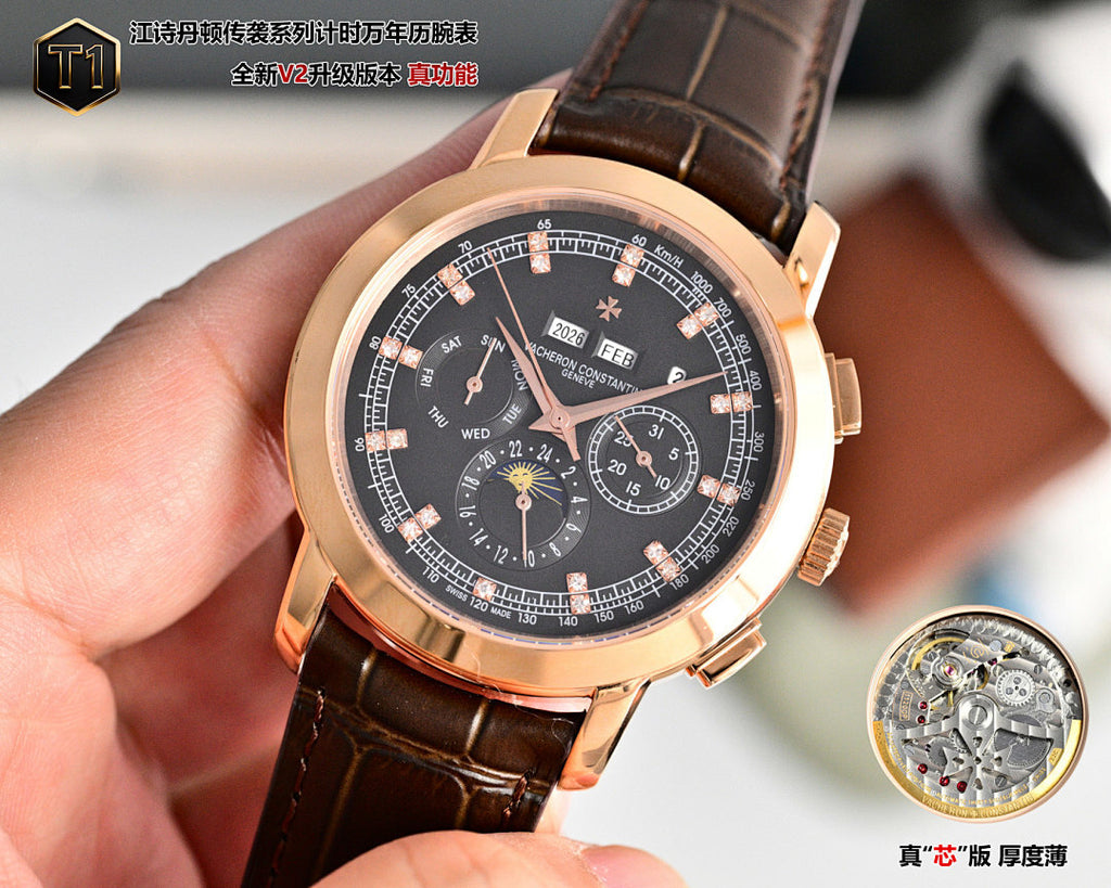 Rose gold wristwatch with black dial, brown leather strap, and date at 3 o'clock