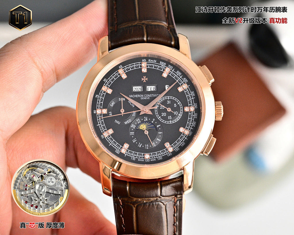 Rose gold wristwatch with black dial, brown leather strap, and circular subdial layout