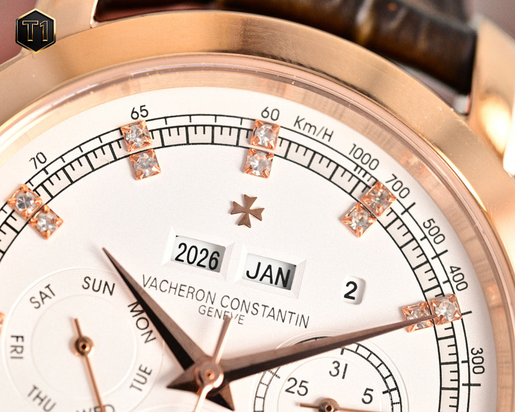 Close-up of wristwatch dial with numerals, speed scale, and date panel