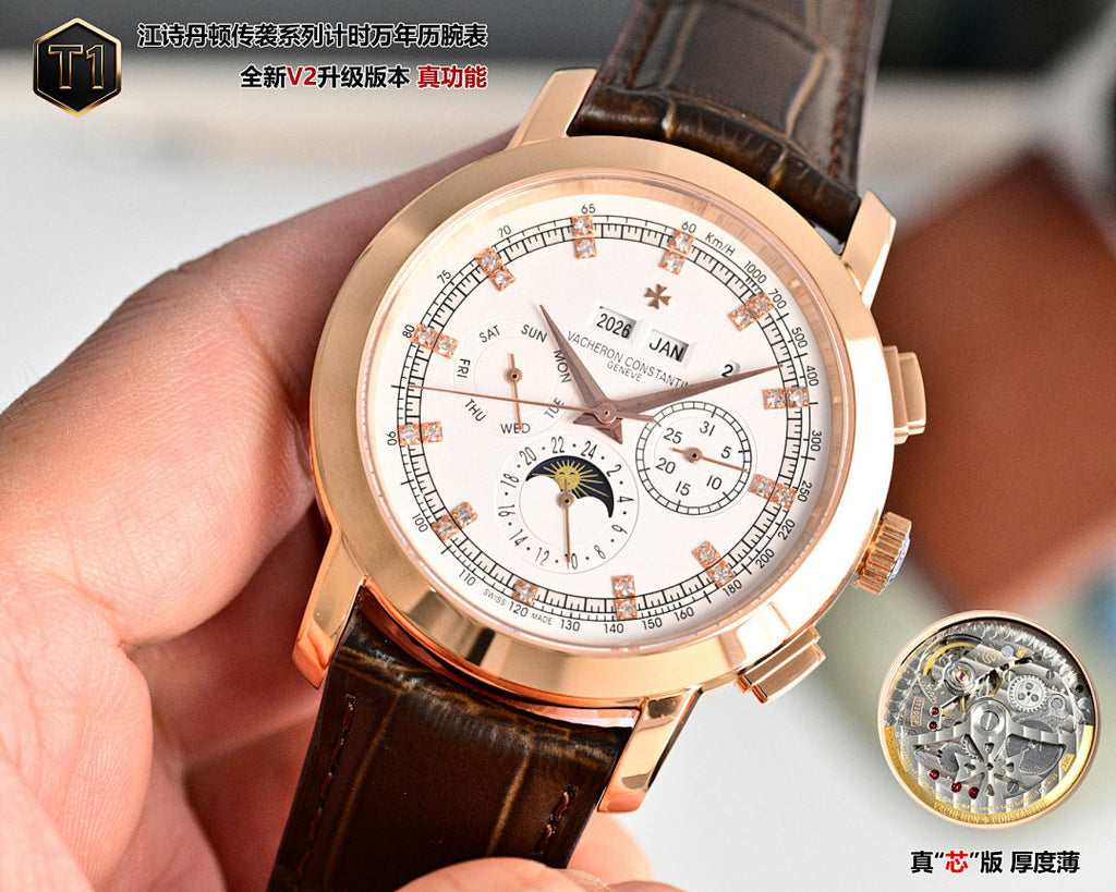 Rose gold wristwatch with cream dial, brown leather strap, and small seconds subdial