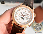 Rose gold wristwatch with cream dial, brown leather strap, and small seconds subdial