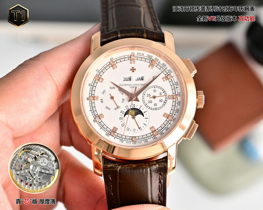 Rose gold wristwatch front view with cream dial, brown leather strap, and three subdials