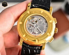 Vacheron Constantin wristwatch with gold case, open back showing mechanical movement and black strap