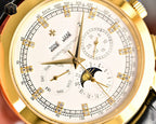 Vacheron Constantin wristwatch close-up of white dial with gold hands and subdials