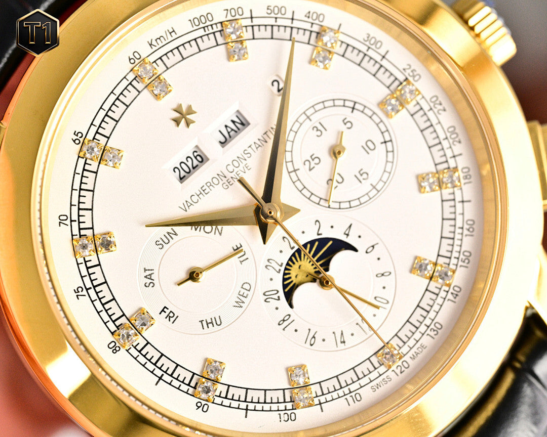 Vacheron Constantin wristwatch close-up of white dial with gold hands and subdials