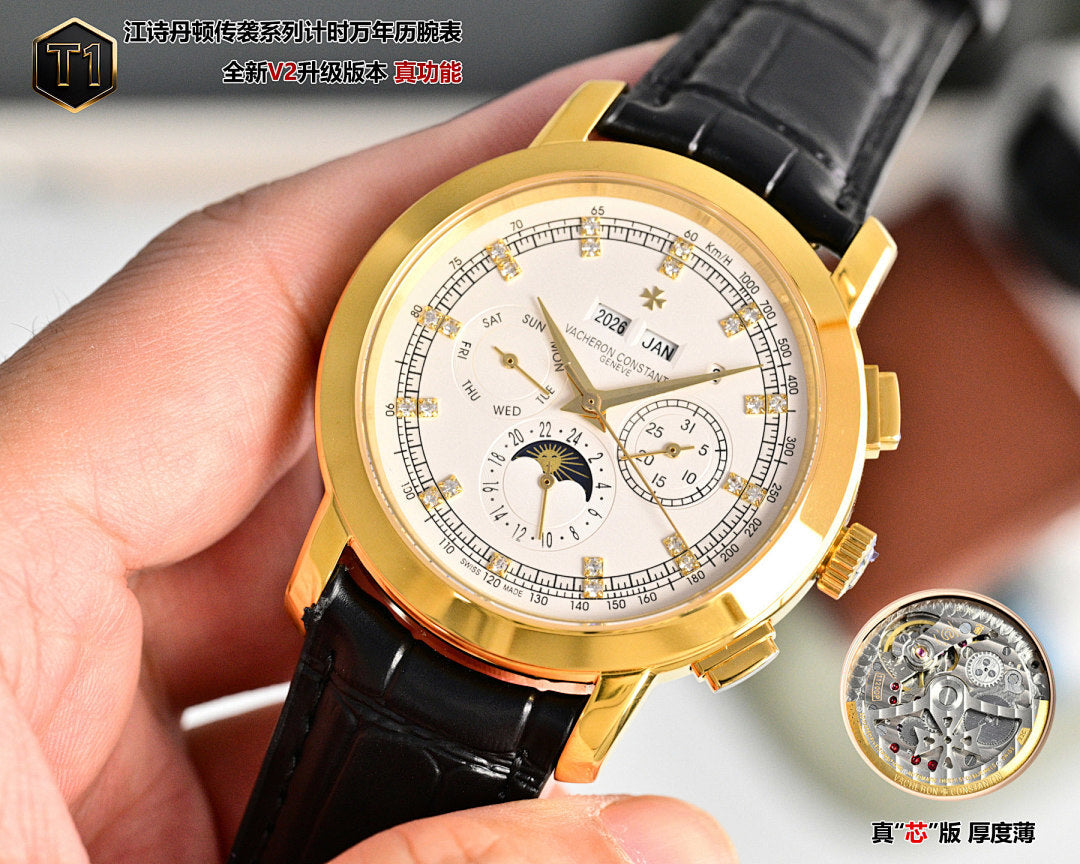 Vacheron Constantin wristwatch with gold case, white dial, and black leather strap