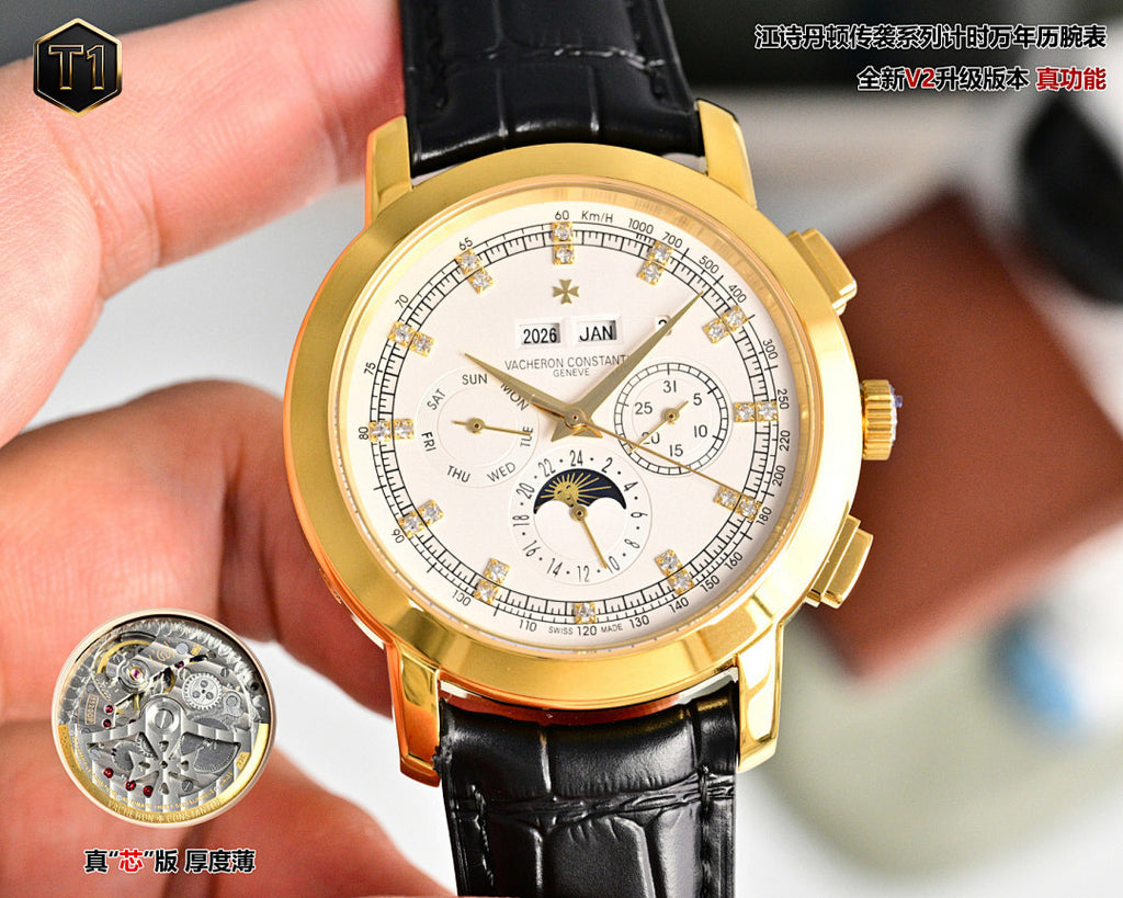 Vacheron Constantin wristwatch with gold case, white dial, and black leather strap