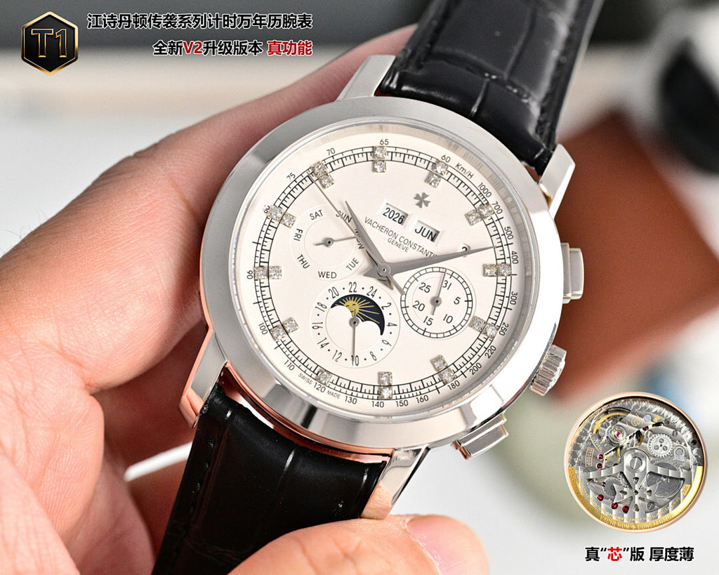 Vacheron Constantin wristwatch with silver case, white dial, and black leather strap