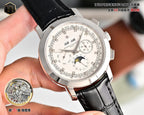 Vacheron Constantin wristwatch in side view with black leather strap and silver case