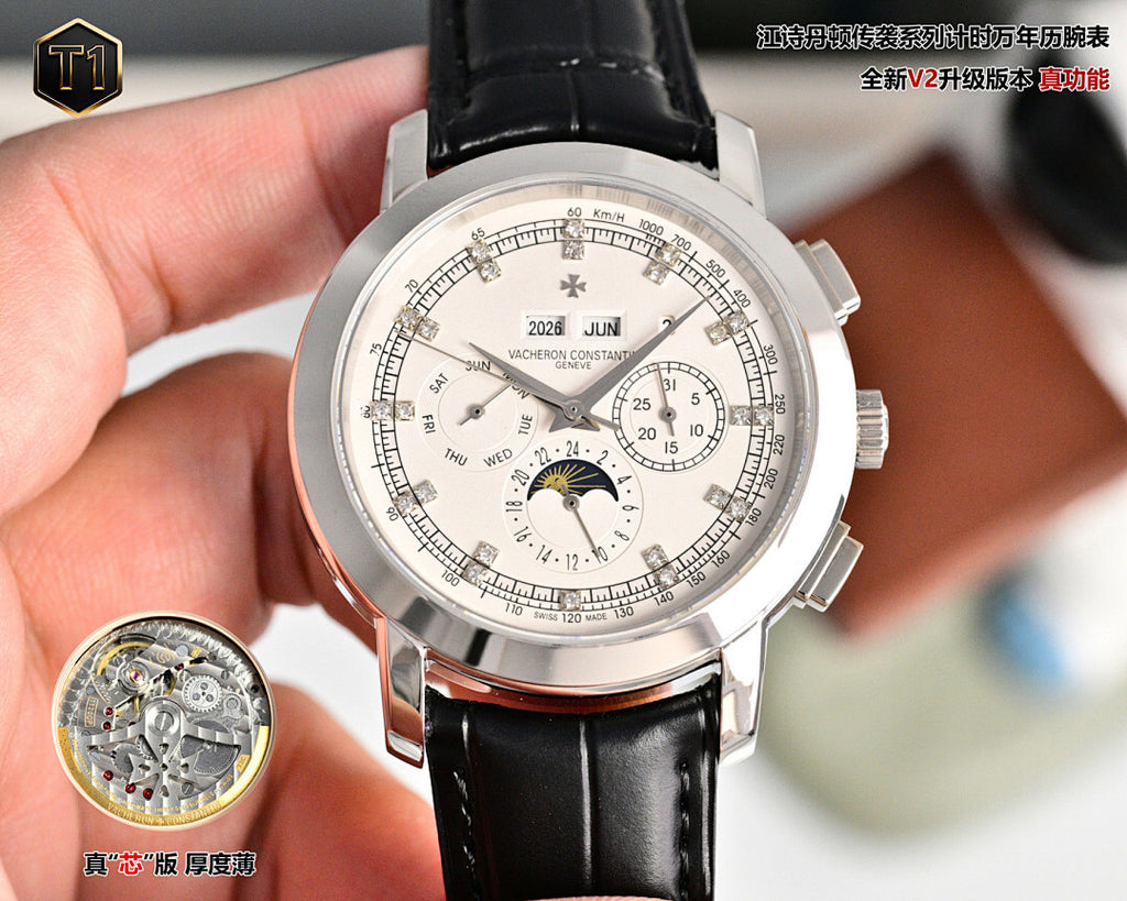 Vacheron Constantin wristwatch with white dial, silver case, and black leather strap