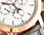 Vacheron Constantin watch dial close-up with rose gold markers and printed scale