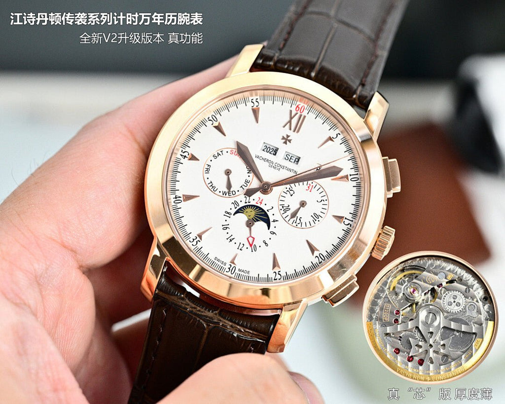 Vacheron Constantin wristwatch with brown leather strap, white dial and rose gold subdials