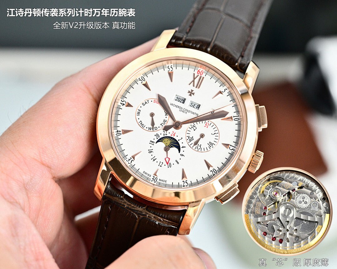 Vacheron Constantin wristwatch with brown leather strap, white dial and rose gold subdials