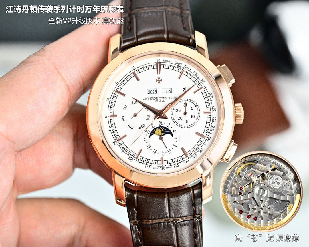 Vacheron Constantin wristwatch with brown leather strap and white dial, rose gold case
