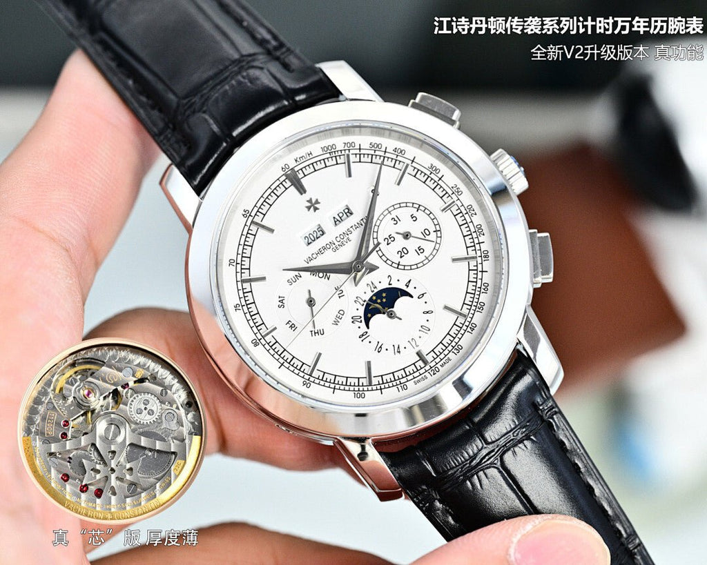 Round wristwatch with white dial, black leather strap, and silver bezel with pushers.